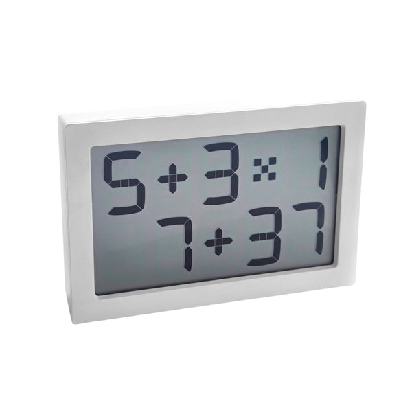 Eine digitale Uhr, die auf ihrem Bildschirm mathematische Gleichungen anstelle der Uhrzeit anzeigt.