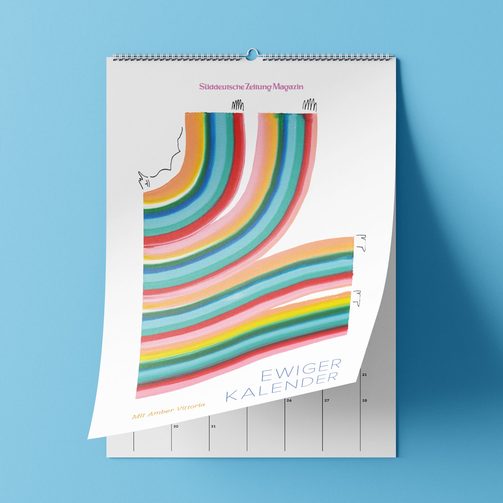Eine farbenfrohe, abstrakte Kalenderseite mit Regenbogenstreifen an einer blauen Wand mit dem Titel „Ewiger Kalender“.