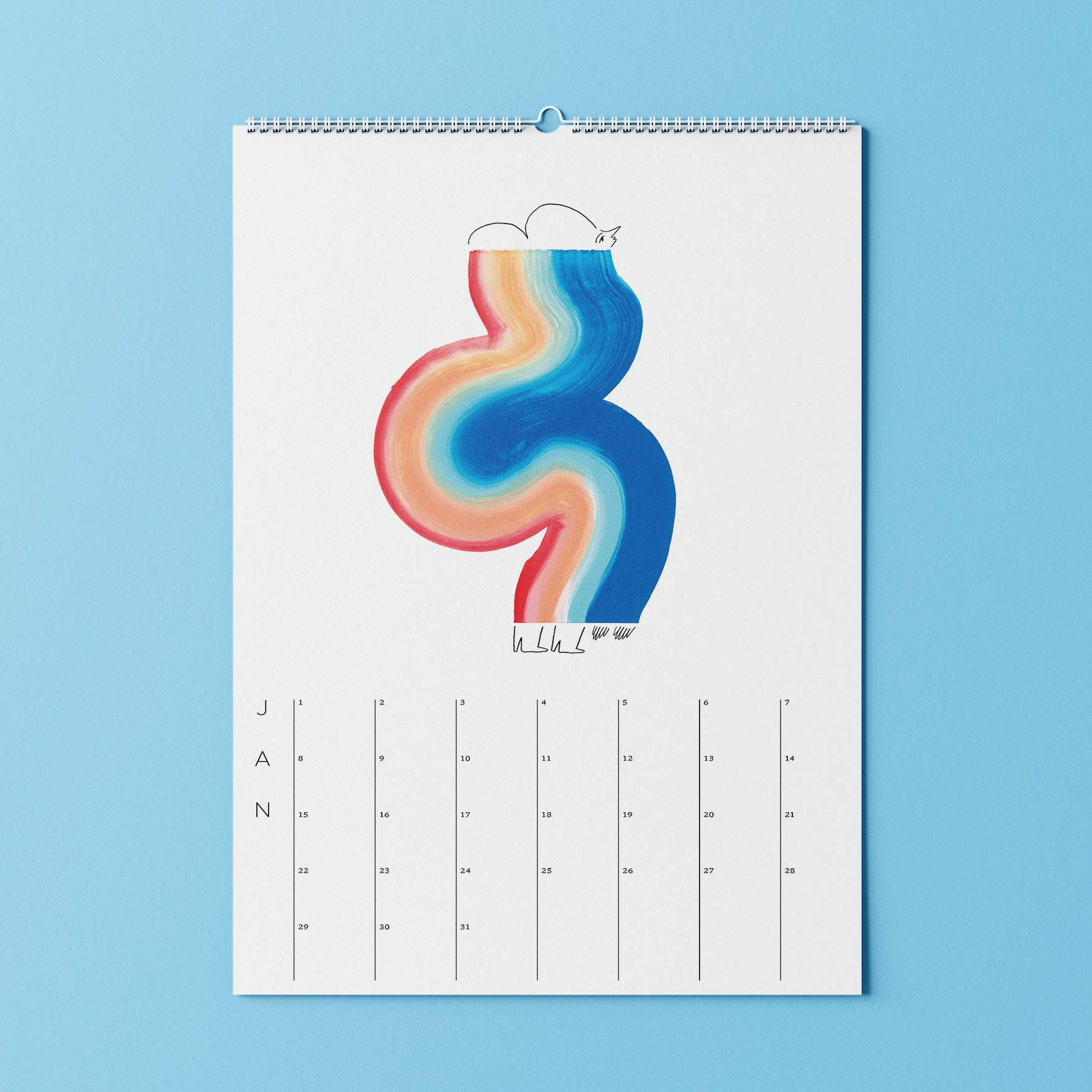 Wandkalender für Januar mit abstrakter bunter Kunst in Rot-, Blau- und Beigetönen auf blauem Hintergrund.