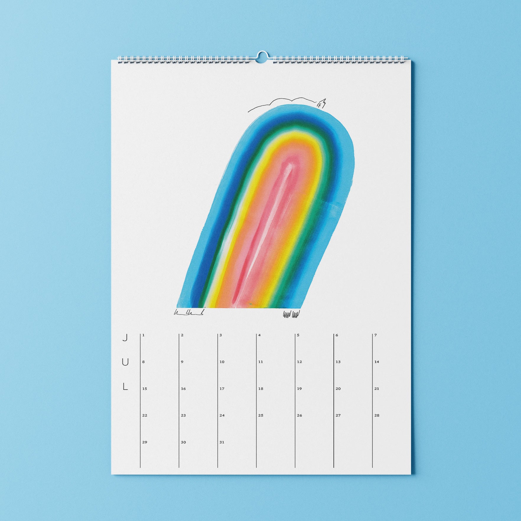 Ein bis Juli aufgeschlagener Wandkalender mit einer farbenfrohen Regenbogenillustration über den Daten auf hellblauem Hintergrund.