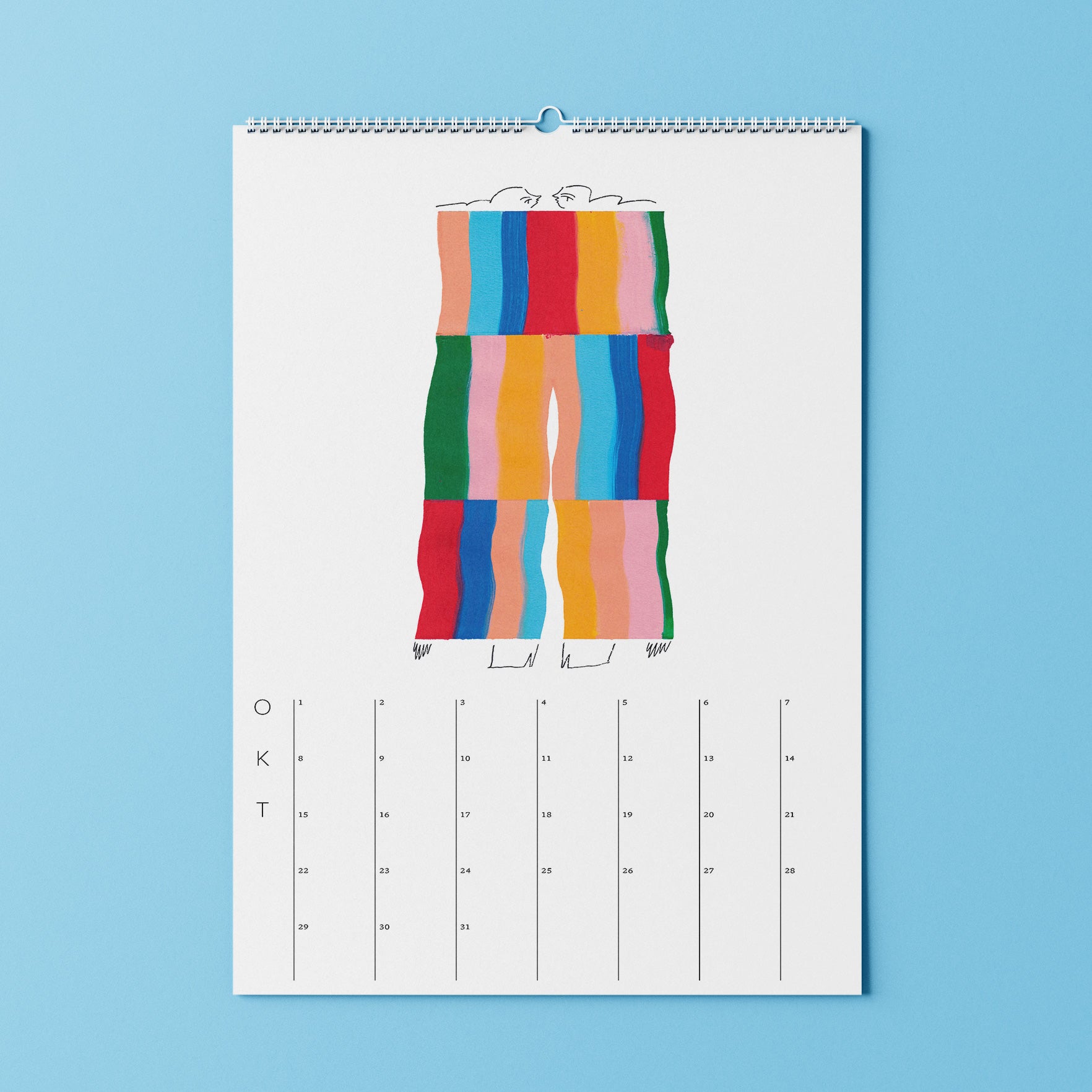 Ein Kalenderblatt für Oktober mit einer bunten gestreiften Deckenillustration auf blauem Hintergrund.