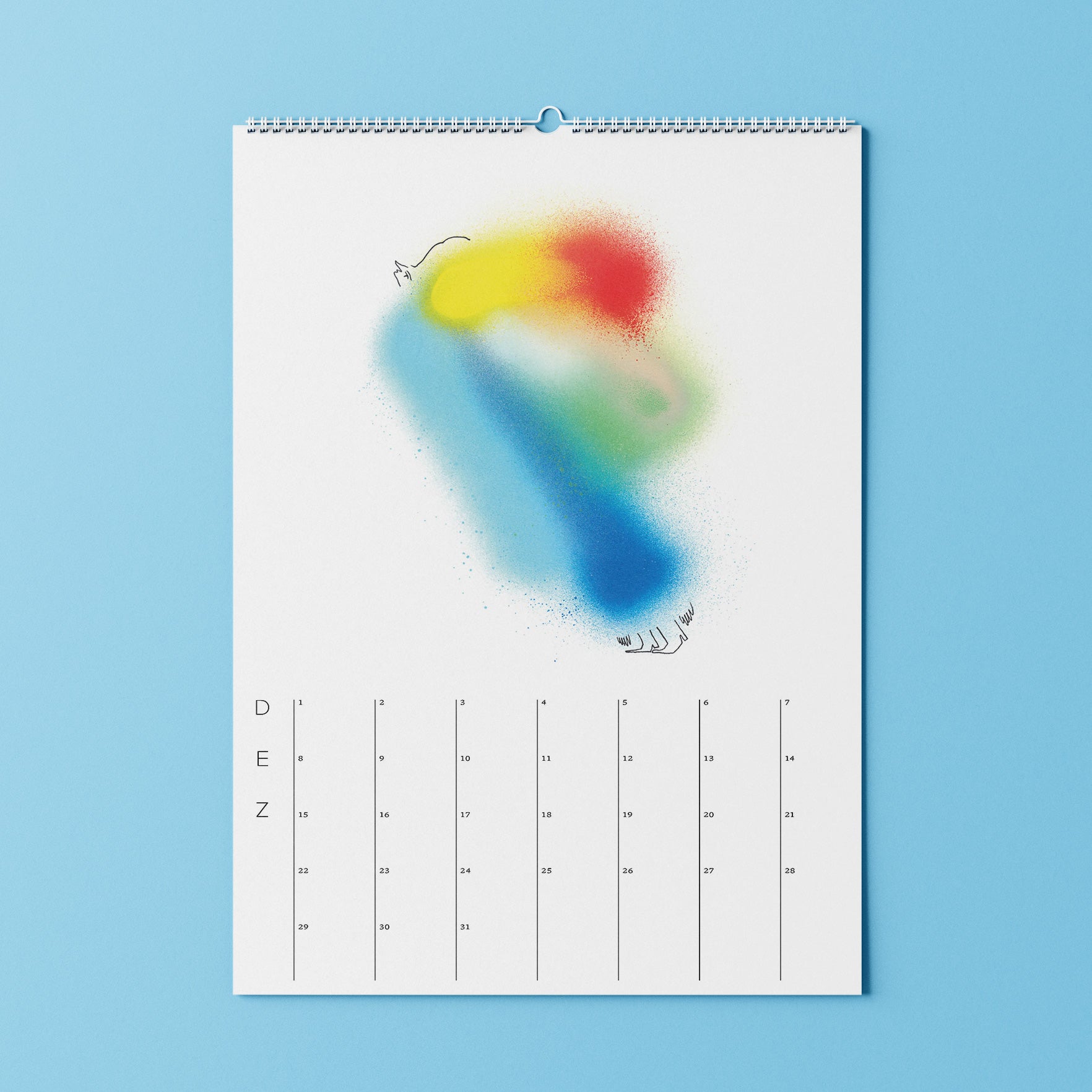Minimalistisches Kalenderblatt mit abstrakten Sprühfarben und schwachen Tierumrissen, beschriftet mit „DEZ“ für Dezember.