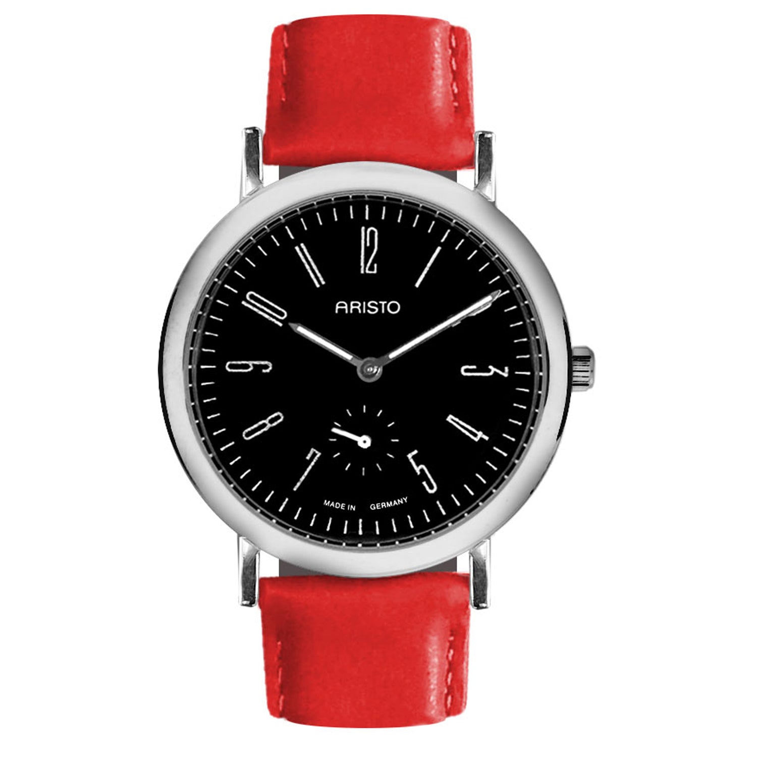 Aristo-Armbanduhr mit schwarzem Zifferblatt, silbernem Gehäuse und rotem Lederarmband.