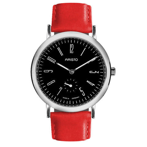 Aristo-Armbanduhr mit schwarzem Zifferblatt, silbernem Gehäuse und rotem Lederarmband.