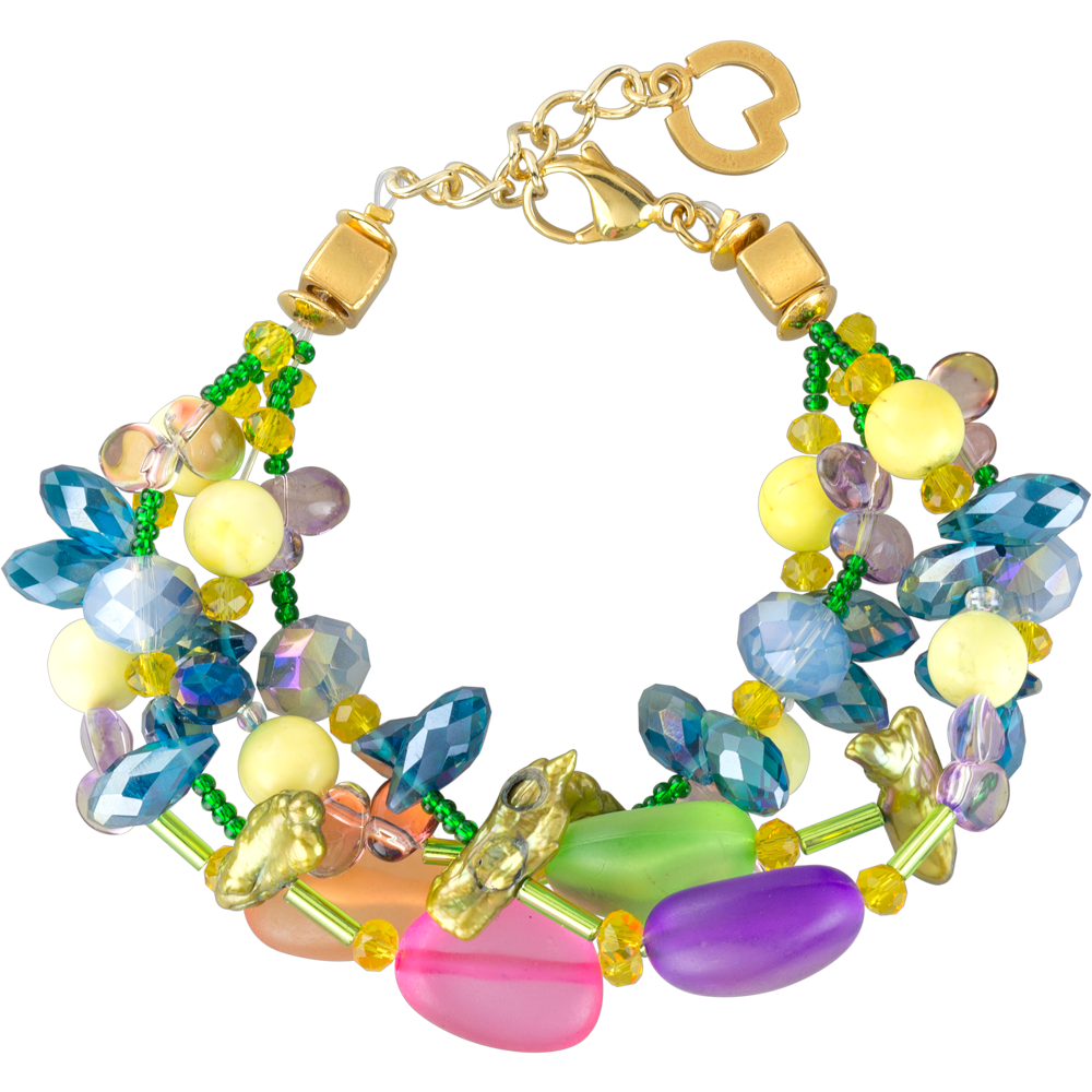Petra Waszak: Schmuckset „Tesoro“ – ein farbenfrohes Perlenarmband mit goldenem Verschluss, Herzanhänger und verschiedenen bunten Perlen und Steinen.