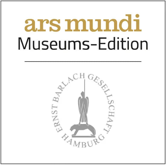 Der golden Schriftzug ars mundi auf weißem Hintergrund darunter in schwarzer Schrift Museums-Edition mit dem Logo der Ernst Barlach Gesellschaft Hamburg. Ein Mensch auf dem Rücken einer Raubkatze