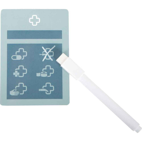 Eine blaue medizinische Kommunikationstafel mit sechs Symbolen und einem weißen Stift; ein Symbol ist durchgestrichen, um anzuzeigen, dass etwas nicht verfügbar oder nicht erlaubt ist.