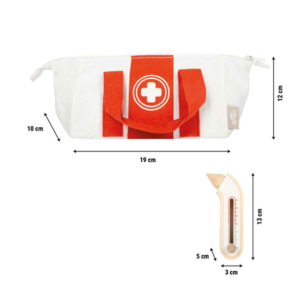 Ein weiß-roter Erste-Hilfe-Beutel mit einem Kreuzsymbol und ein Spielzeug-Thermometer mit beschrifteten Maßen für Höhe, Breite und Länge.
