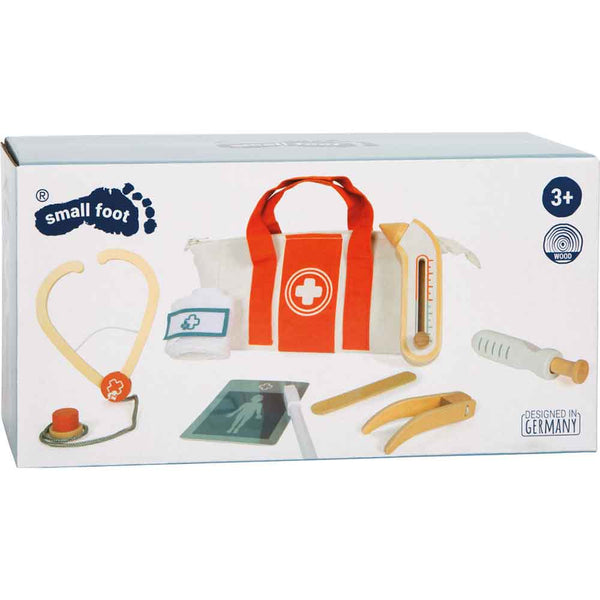 Schachtel mit einem Spielzeug-Doktor-Kit aus Holz für Kinder ab 3 Jahren, einschließlich Stethoskop, Spritze, Thermometer, Röntgengerät und Arzttasche.