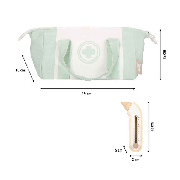 Eine hellgrüne und weiße Tasche mit Griffen, die mit den Abmessungen angegeben ist, sowie ein Thermometer, das ebenfalls mit den Abmessungen beschriftet ist.