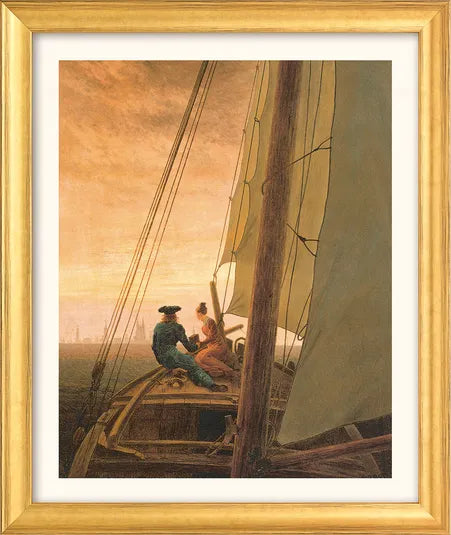 In Caspar David Friedrichs gerahmtem Kunstwerk „Auf dem Segler“ (1818) sitzen zwei Menschen bei Sonnenuntergang auf einem Segelboot und blicken unter einem goldenen Himmel auf den Horizont.