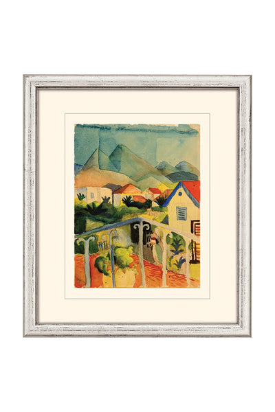 Gerahmte Aquarellmalerei einer bunten Dorfszene mit Häusern, Pflanzen und Bergen im Hintergrund.