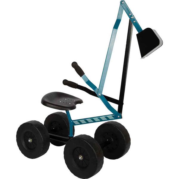 Ein vierrädriger Spielzeugbagger mit einem schwarzen Sitz, zwei Griffen und einem beweglichen blauen und schwarzen Baggerarm.