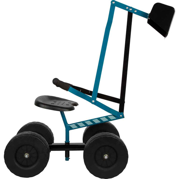 Ein vierrädriger Gartenwagen mit einem Kunststoffsitz, einem Metallrahmen, einem Griff und einer Tablettbefestigung auf der Rückseite.