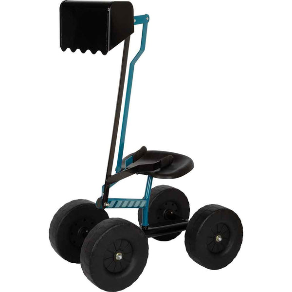 Ein vierrädriger Bagger mit schwarzem Sitz, Lenkstange, der nach oben gestellten Baggerschaufel der für das Spielen von Kindern im Freien konzipiert ist.