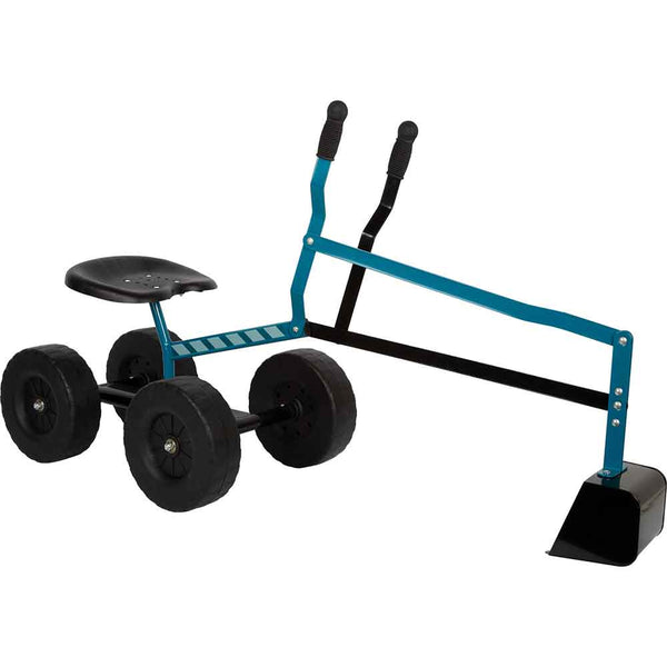 Ein blau-schwarzer Aufsitzbagger mit vier Rädern, einem Metallsitz, zwei Steuergriffen und einer Schaufel an der Vorderseite.