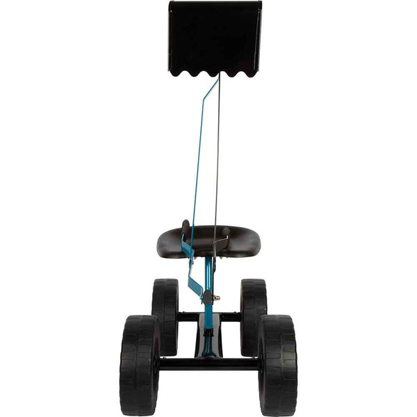 Kinderbagger mit vier großen schwarzen Rädern, einem Sitz und der nach oben gestellten Baggerschaufel.