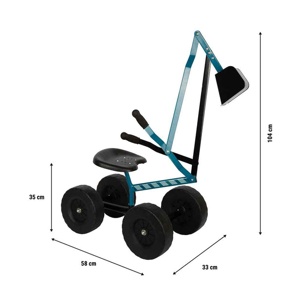 Aufsitzbagger für Kinder mit vier schwarzen Rädern, einem schwarzen Sitz und einem blauen Baggerarm. Die Abmessungen sind 104 cm hoch, 58 cm lang und 33 cm breit.