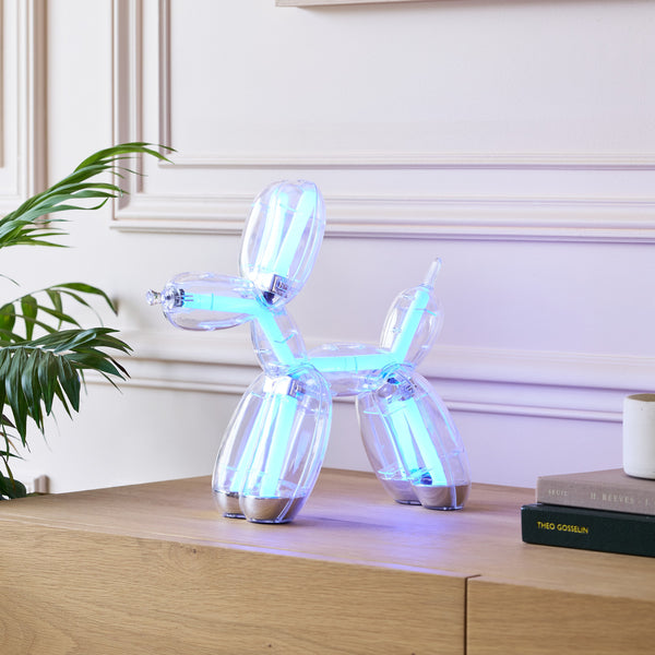Eine durchsichtige Ballonhundlampe mit blauem Licht steht auf einem Holztisch neben Büchern und einer grünen Pflanze.