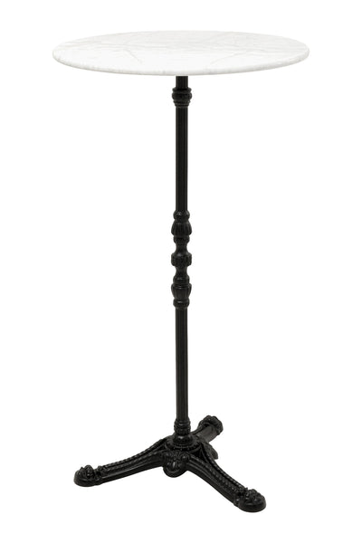 Kleiner runder Tisch mit weißer Marmorplatte und schlankem schwarzem Metallsockel mit drei geschwungenen Füßen.
