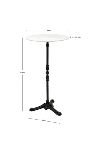 Runder Tisch mit weißer Platte, schwarzem Sockel und den angegebenen Maßen: 60 cm Durchmesser, 1,8 cm Dicke, 110 cm Höhe und 50 cm Basisbreite.