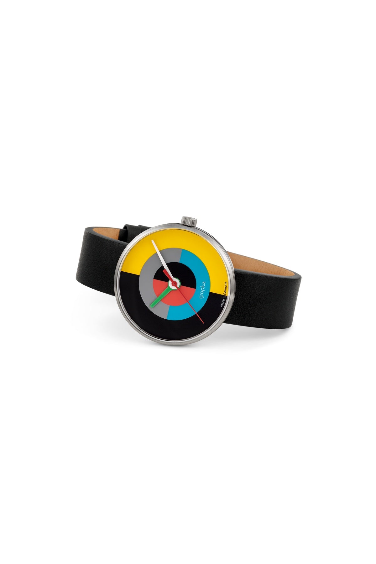 Eine Armbanduhr mit schwarzem Lederarmband und einem bunten, abstrakten, kreisförmigen Design auf dem Zifferblatt mit gelben, blauen, roten, blaugrünen und schwarzen Abschnitten.