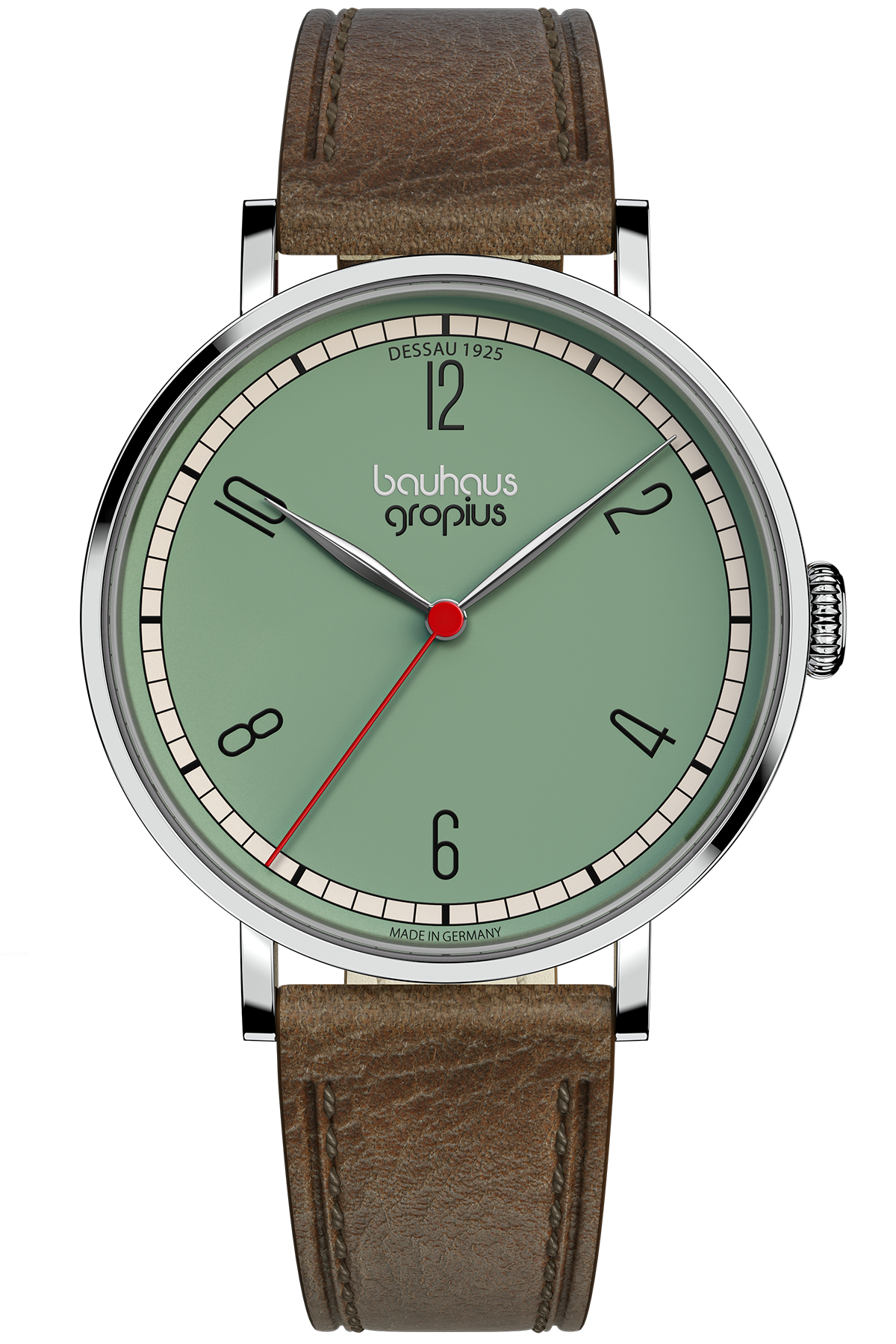Eine Armbanduhr mit grünem Zifferblatt, schwarzen Ziffern, silbernem Gehäuse, braunem Lederband und drei Zeigern, die 10:10:38 anzeigen. Auf dem Zifferblatt steht bauhaus gropius Dessau 1925.