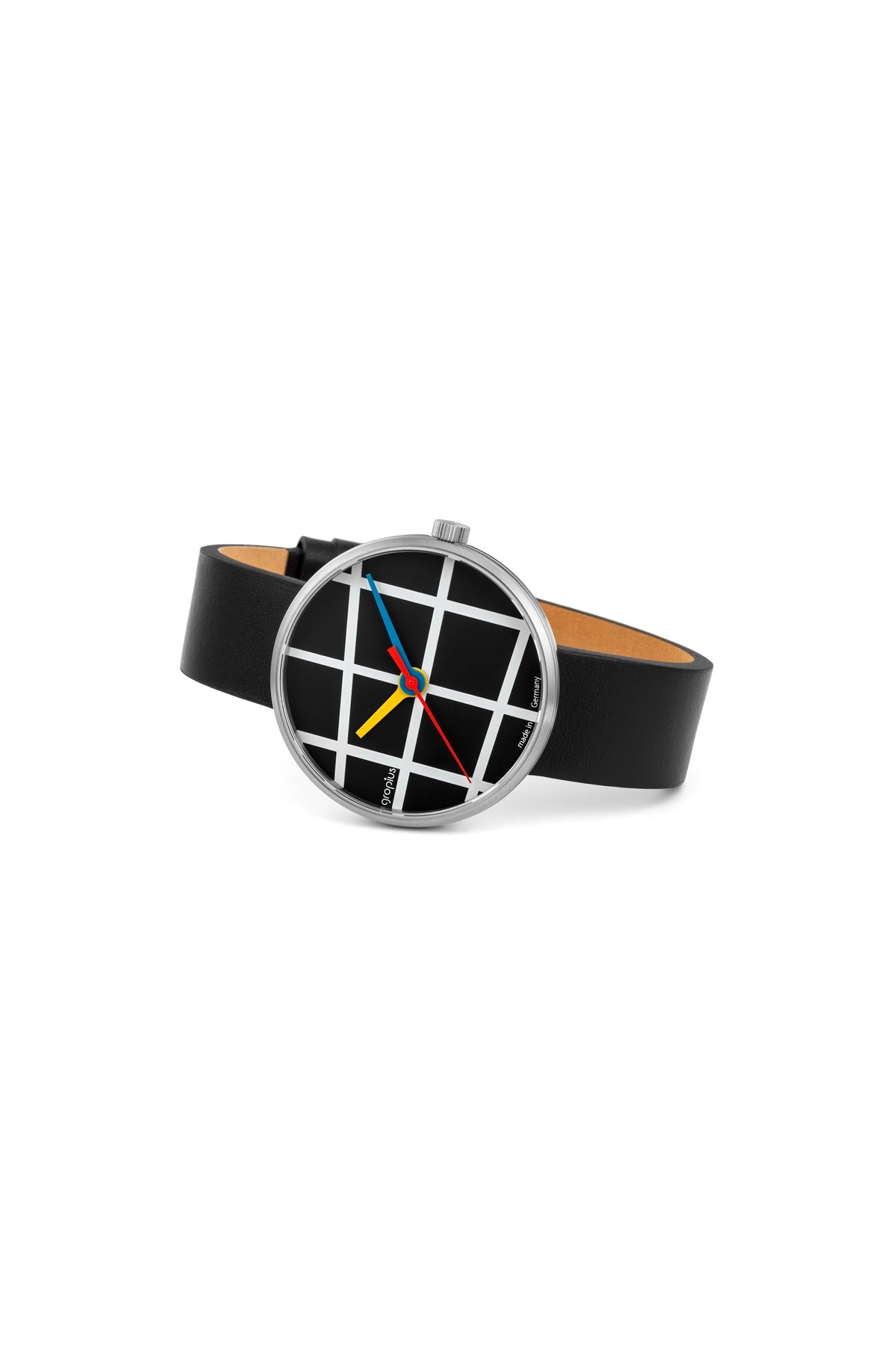 Eine Armbanduhr mit schwarzem Lederarmband und schwarzem Zifferblatt mit weißem Gitter und farbigen Stunden-, Minuten- und Sekundenzeigern.