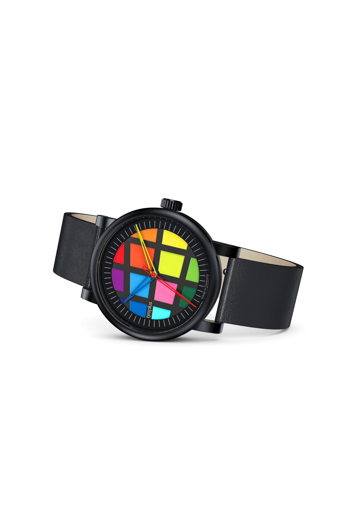 Eine schwarze Armbanduhr mit Lederarmband und einem bunten, geometrisch gemusterten Zifferblatt, das in Quadrate und Rechtecke unterteilt ist.