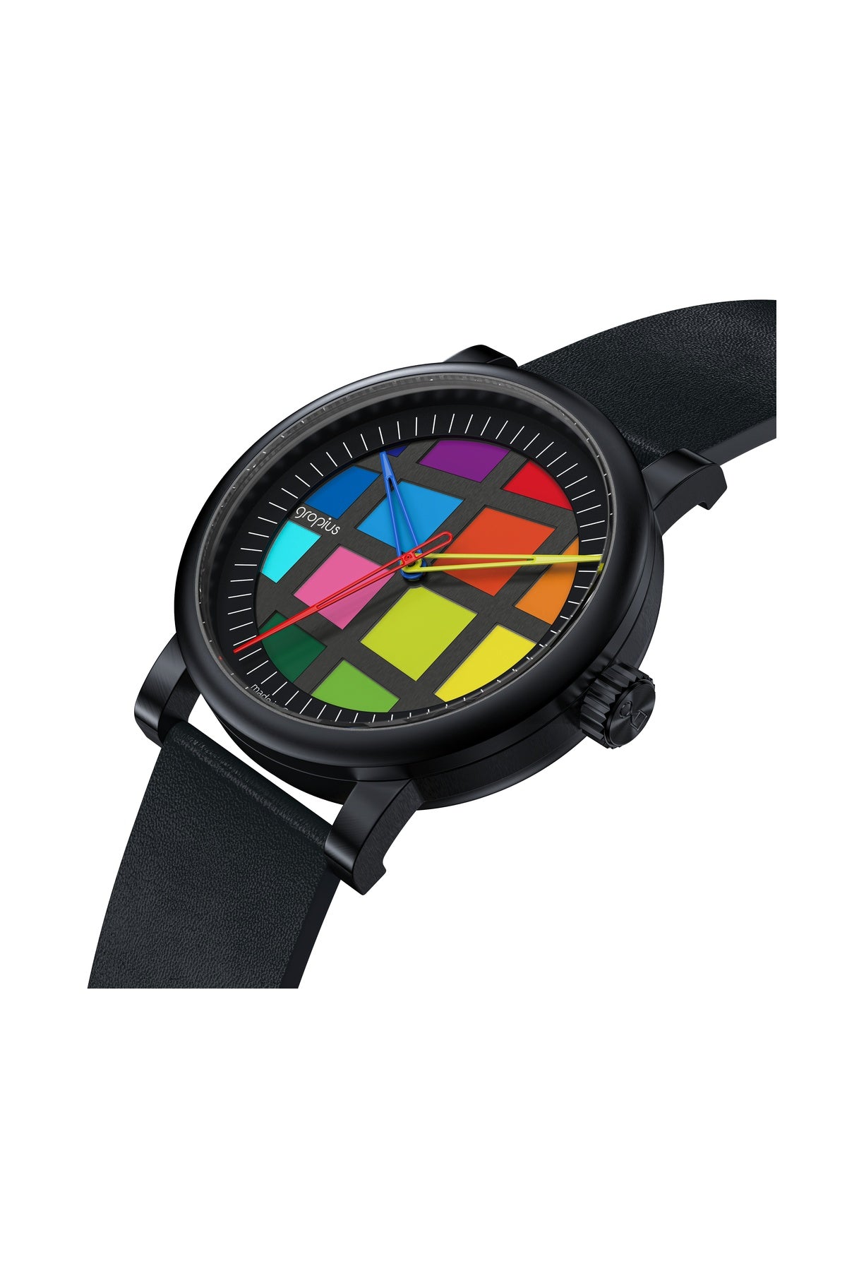 Eine schwarze Armbanduhr mit schwarzem Lederarmband und einem bunten, geometrisch gemusterten Zifferblatt mit kühnen, sich überschneidenden Formen.