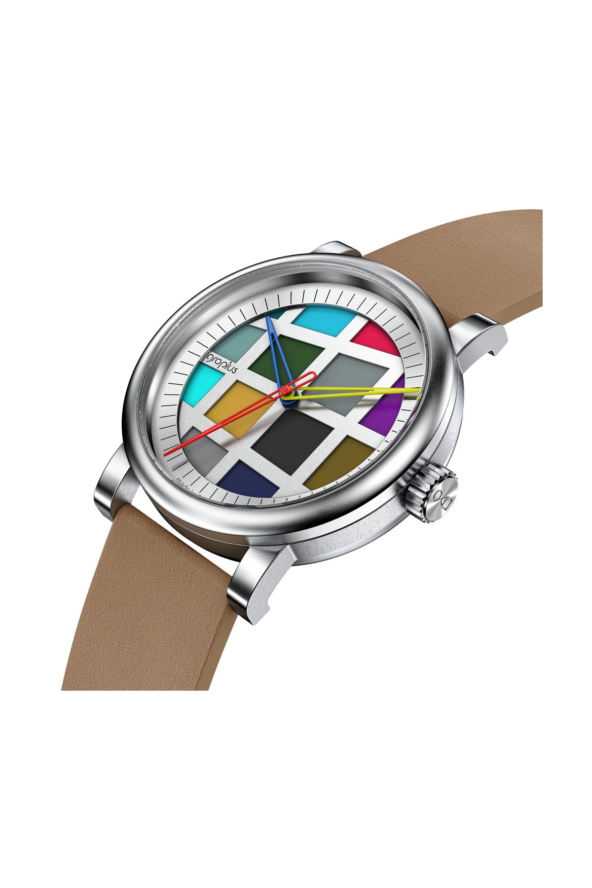 Eine Armbanduhr mit silbernem Gehäuse, hellbraunem Lederarmband und einem mehrfarbigen geometrischen Muster auf dem Zifferblatt.