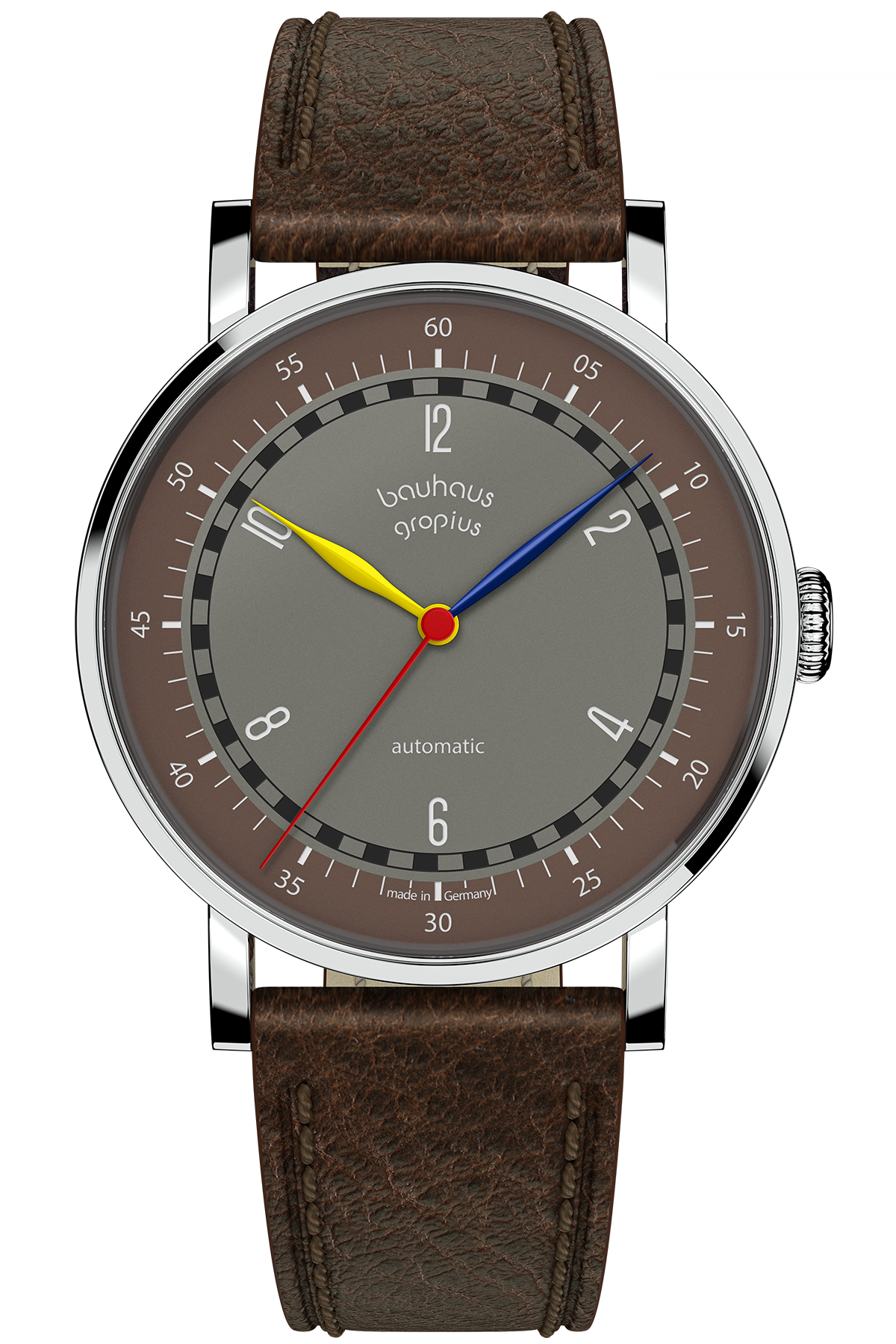 Eine Armbanduhr mit braunem Lederarmband, grauem und braunem Zifferblatt, weißen Stundenmarkierungen und roten, gelben und blauen Zeigern. Auf dem Zifferblatt steht bauhaus gropius automatic.