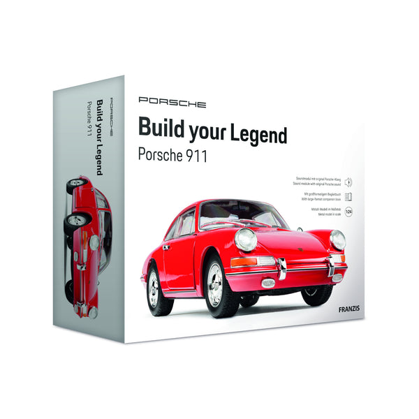 Schachtel für einen Porsche 911-Modellbausatz mit einem roten Porsche-Klassiker und dem Text Build your Legend.