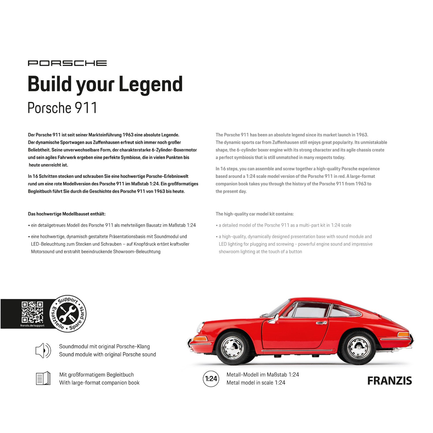Ein rotes Porsche 911 Modellauto im Profil mit deutschem und englischem Produktbeschreibungs-Text darüber.