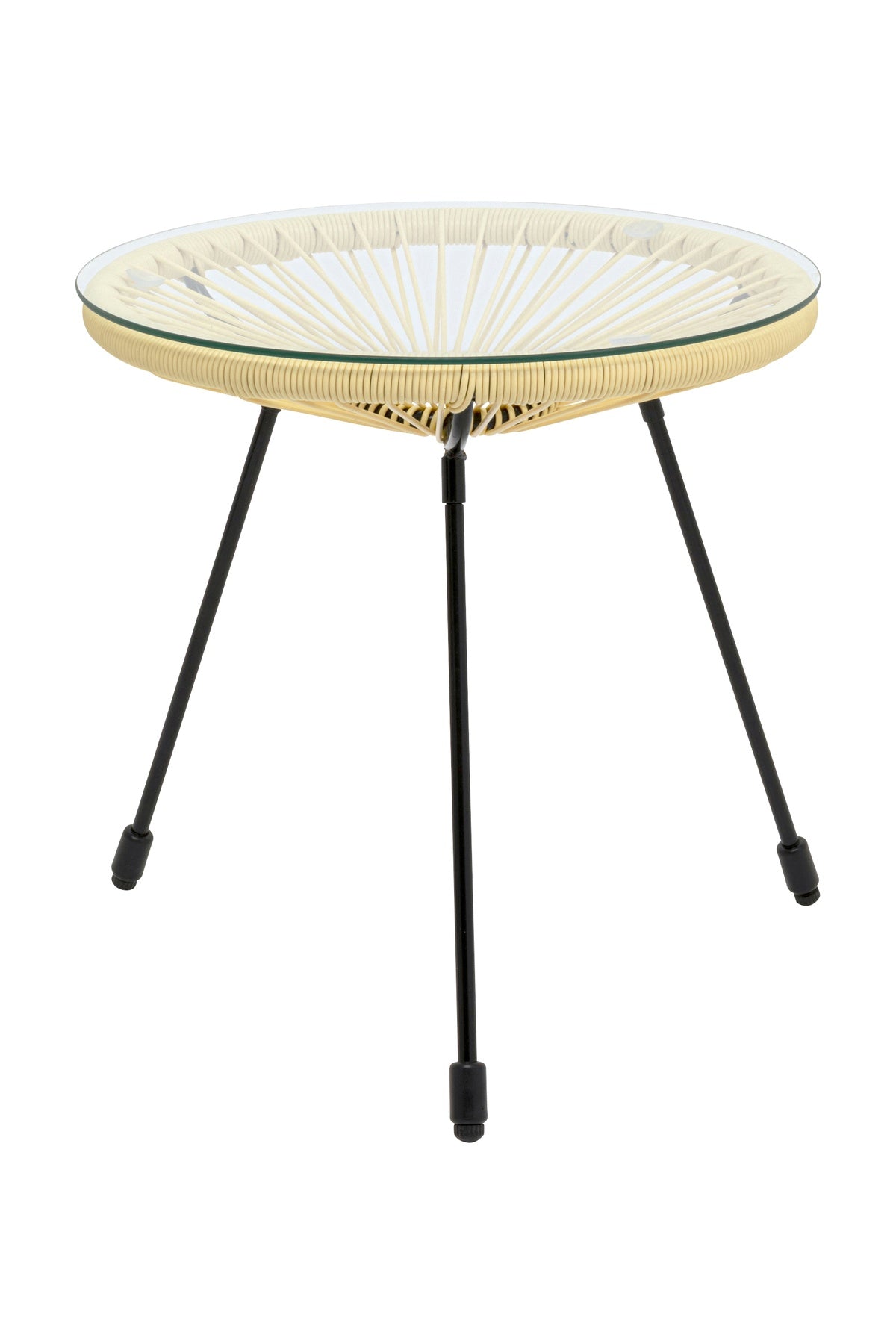 Runder Beistelltisch mit Glasplatte, geflochtener beiger Rattankante und drei schwarzen Metallbeinen.