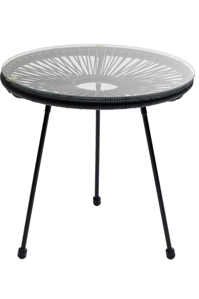 Runder Glastisch mit schwarzen Metallbeinen und einem geflochtenen Muster unter der Glasplatte.