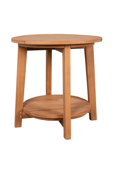 Runder Beistelltisch aus Holz mit vier Beinen und einer unteren runden Ablage, fotografiert auf weißem Hintergrund.