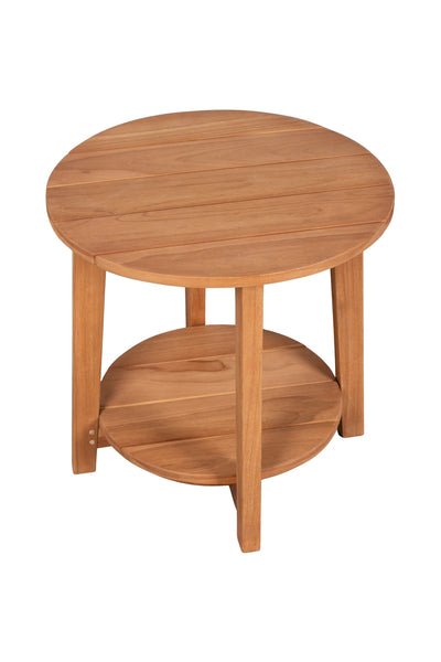 Runder Couchtisch aus Holz mit vier Beinen und einer unteren Ablage, dargestellt auf weißem Hintergrund.