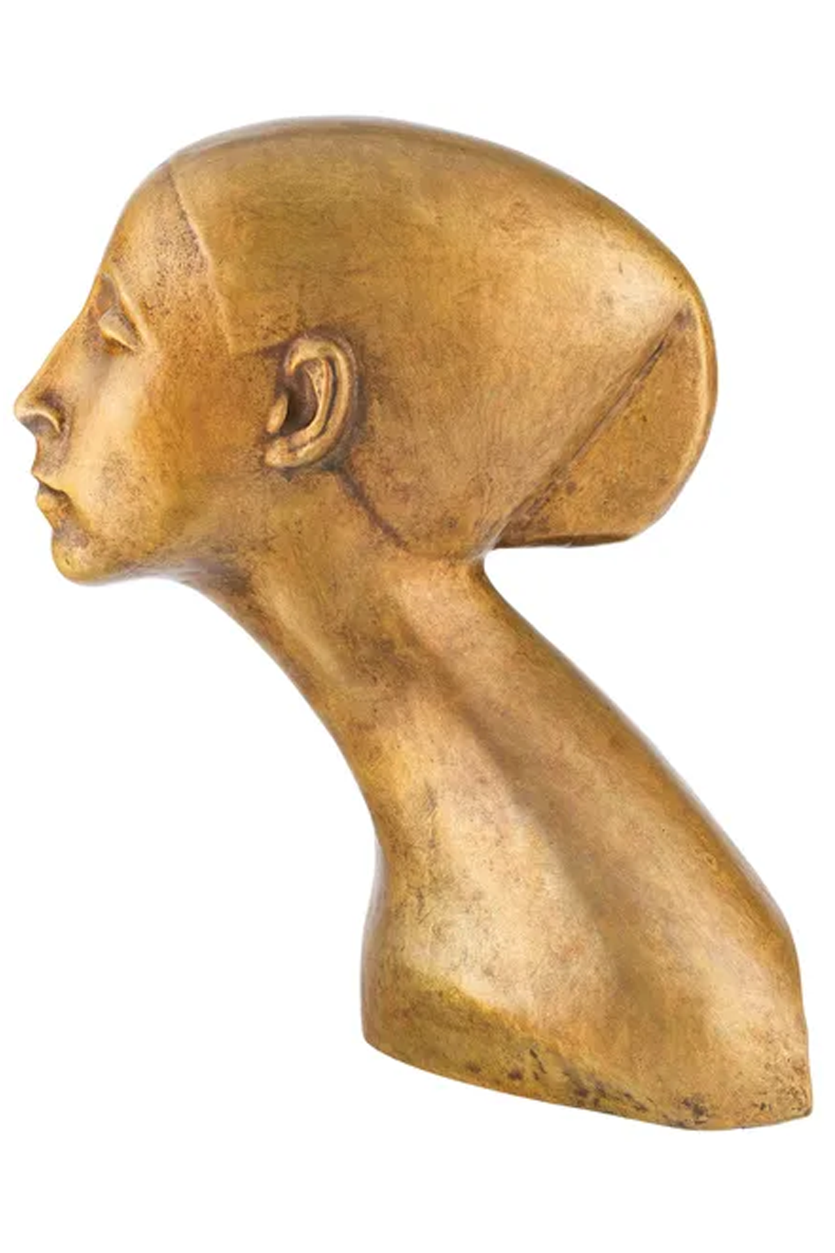 Eine goldene Skulptur eines Frauenkopfes und eines langgestreckten Halses, im Profil dargestellt, mit glatten, stilisierten Gesichtszügen und zurückgezogenem Haar.