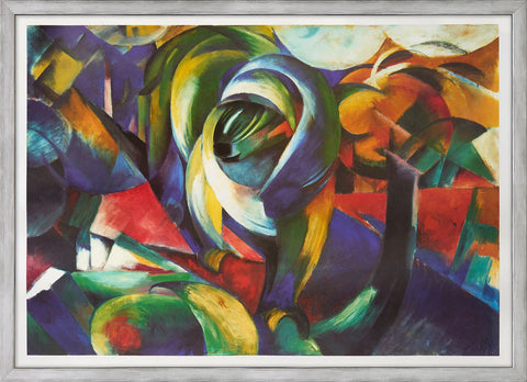 Abstraktes Gemälde mit wirbelnden grünen, blauen, roten und gelben Formen in einem silbernen Rahmen.