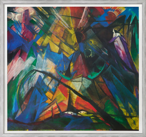 Abstraktes Gemälde mit lebhaften, fragmentierten Formen und Farben; kleine Häuser und Berge in der unteren Mitte.