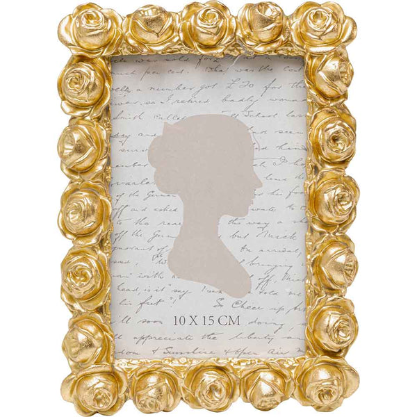 Goldfarbener Fotorahmen mit Rosenmuster, einer Silhouette im Inneren und handgeschriebenem Text im Hintergrund.