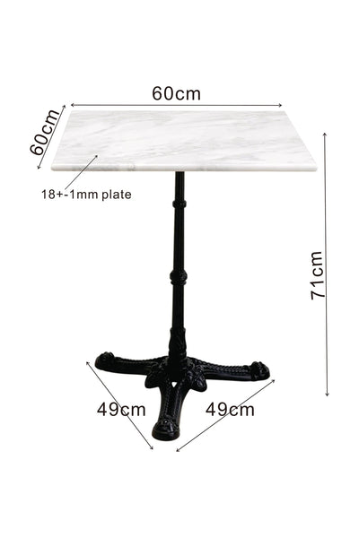 Quadratischer Tisch mit weißer Platte 60x60 cm, 71 cm hoch, 18+1 mm dick, schwarzer Vierfußsockel mit 49 cm Abstand zwischen den Füßen.