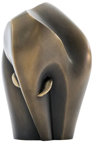 Abstrakte Bronzeskulptur eines Elefantenkopfes mit glatten, minimalistischen Linien und subtilen Kurven.