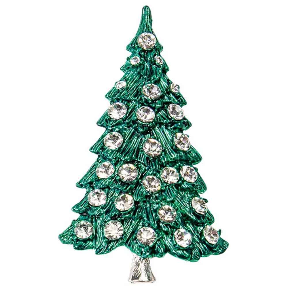 Grüne Weihnachtsbaum-Brosche mit funkelnden Strasssteinen, die an Ornamente erinnern, auf weißem Hintergrund.