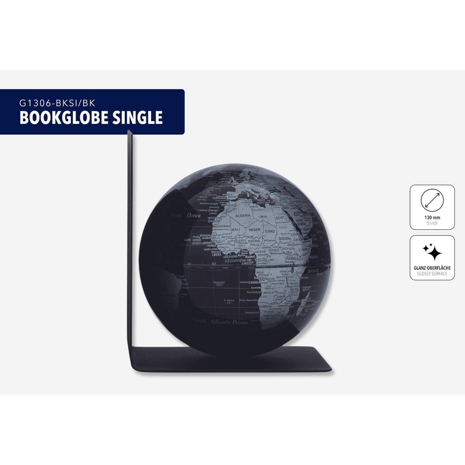 Schwarze Buchstütze mit einem dunklen Globus, der Afrika und Europa zeigt, mit der Aufschrift BOOKGLOBE SINGLE auf weißem Hintergrund.