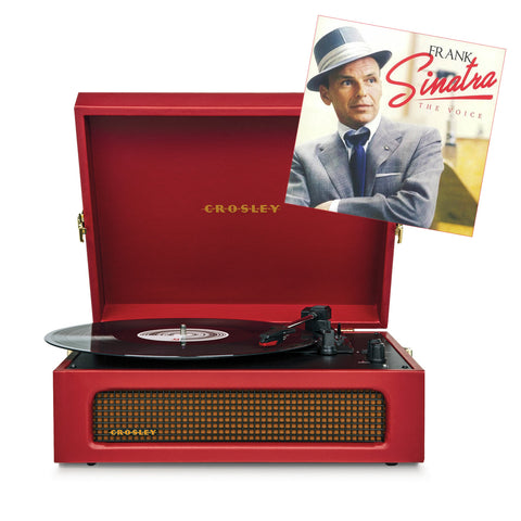 Roter Crosley-Plattenspieler mit einem Vinyl- und Frank Sinatra-Albencover darüber.