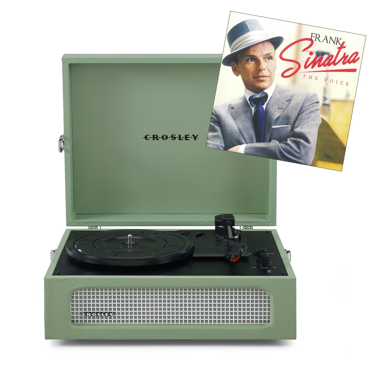 Ein grüner Crosley-Plattenspieler, über dem eine Frank Sinatra-Schallplatte hängt.