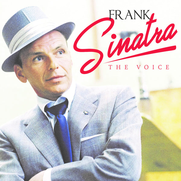 Frank Sinatra in Anzug und Hut, Frank Sinatra The Voice Text in roter Schrift und Druck über dem Bild.