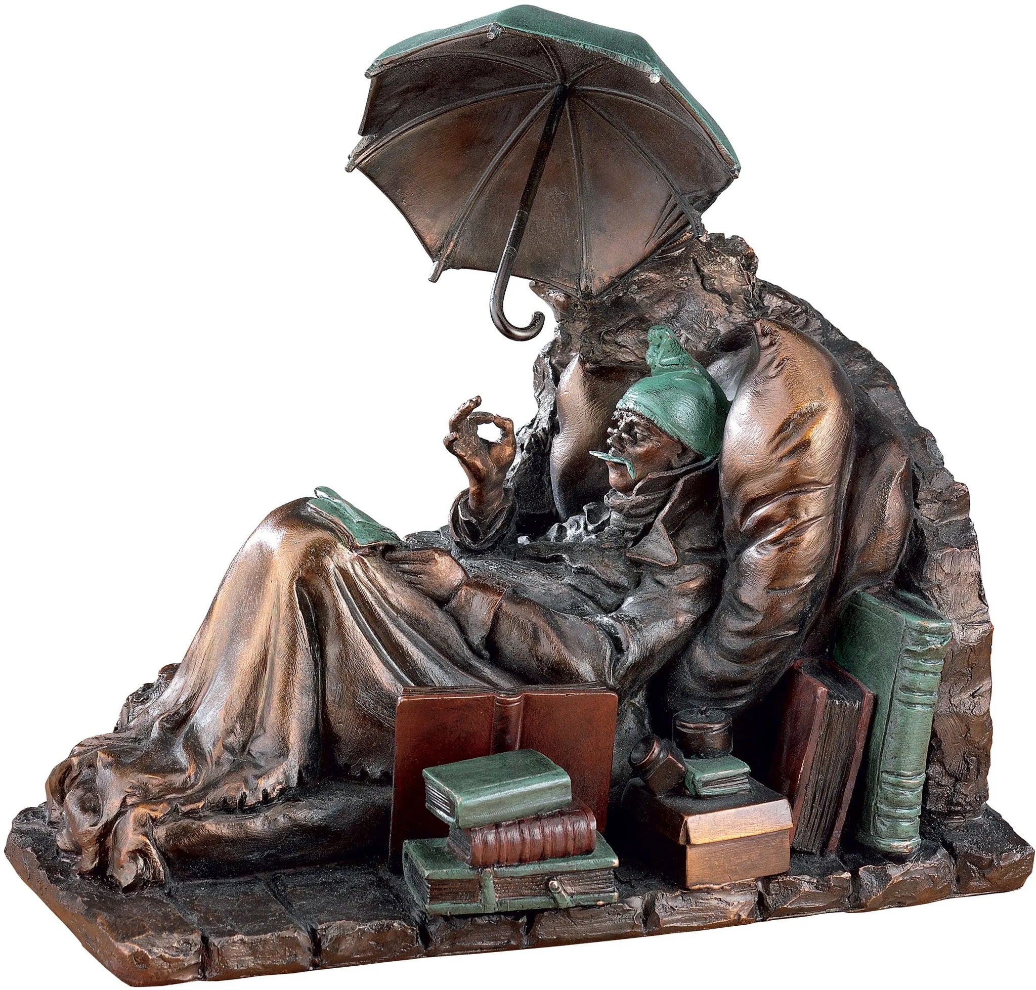 Bronzeskulptur einer lesenden Person unter einem Regenschirm, umgeben von gestapelten Büchern.